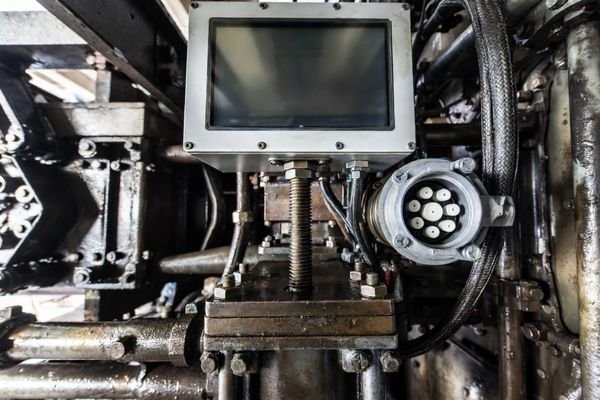 A close-up image showing the reinforced mounting points and secured FPC cable of a ruggedized display module designed for transportation use.