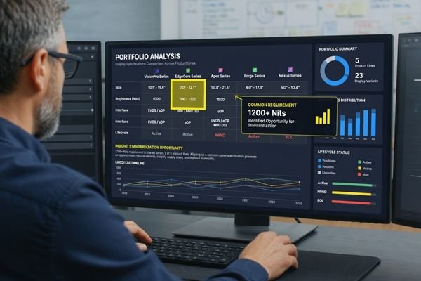 A realistic portfolio review table showing multiple industrial equipment line drawings, LCD module samples, interface notes, brightness requirement labels, and lifecycle planning documents.