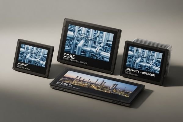 A realistic engineering review scene showing a controlled LCD module model family, including different display sizes, a high-brightness option, a bar LCD module, a touch panel sample, and a shared specification checklist.