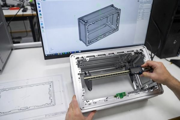A realistic engineering desk showing an OEM device enclosure, LCD module sample, 3D mechanical drawing, interface cable, and review checklist for custom LCD module pre-sampling design review.