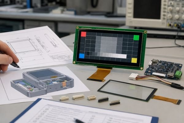 Custom LCD module pre-sampling design review with mechanical drawing, interface cable, controller board, and cover glass