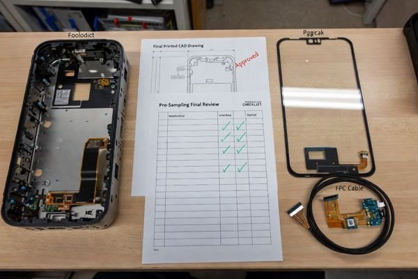 A realistic OEM pre-sampling review checklist scene showing an LCD module, enclosure drawing, interface cable, cover glass sample, validation checklist, and engineering notes arranged for final sample planning review.