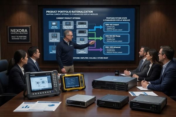 A realistic industrial equipment planning table showing multiple device line drawings, LCD module samples, BOM sheets, approved model notes, and interface cable sets arranged for standardization review.