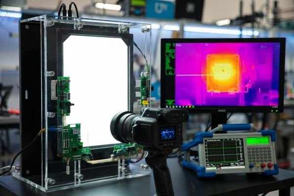 A realistic LCD module optical and thermal review scene showing a powered display, brightness test equipment, backlight driver board, thermal image reference, and enclosure heat-flow notes.