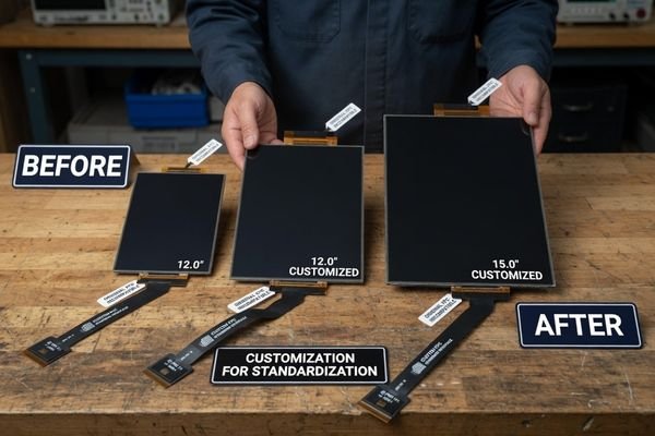 A realistic custom LCD module engineering review scene showing LCD module samples, FPC cable direction drawings, controller board options, cover glass samples, and equipment platform mechanical layouts.