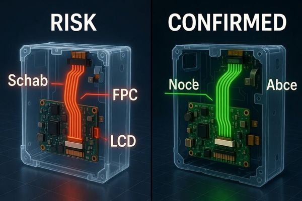 A realistic comparison of two custom LCD module sample planning cases, one showing mismatched connector and mechanical clearance issues, and the other showing confirmed interface, cable path, and mounting fit.