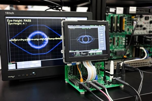 A realistic electronics test bench showing an LCD module sample connected to an OEM host board with interface cables, power input, controller board, and signal verification notes during host compatibility testing.