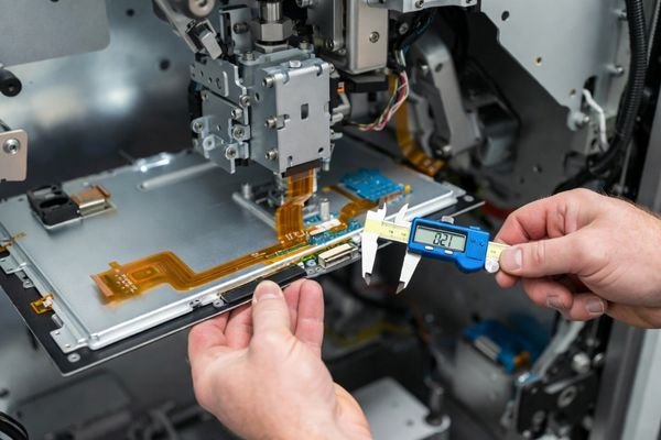 A realistic mechanical assembly review showing an LCD module sample installed into an OEM equipment enclosure, with mounting holes, connector clearance, FPC cable routing, and front-panel alignment being checked.