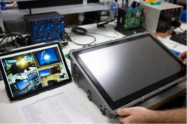 A realistic project review desk showing industrial LCD module samples, application notes, outdoor terminal reference, control panel drawing, and environmental requirement checklist.