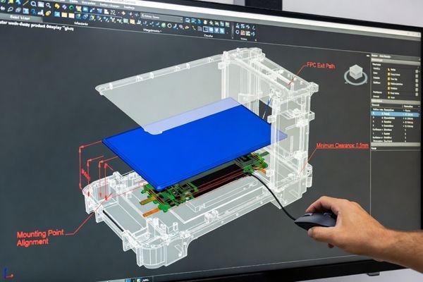 A realistic CAD review scene showing an LCD module mechanical outline, active area, cover glass opening, mounting holes, FPC direction, and connector clearance overlaid with an OEM device enclosure drawing.