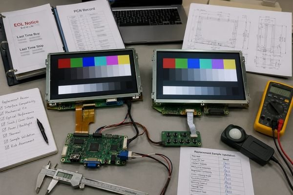 LCD module replacement planning with original and replacement displays, EOL notice, PCN record, mechanical drawing, interface cables, and validation tools