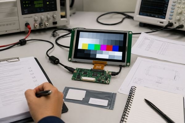LCD module sample approval before pilot production with test pattern, controller board, checklist, and mechanical drawing