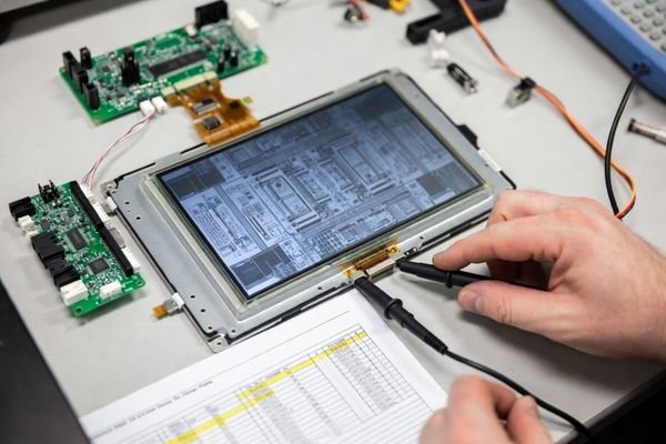 A realistic electronics engineering desk showing an LCD module connected to a host board, interface cable, connector pinout drawing, and controller board for pre-sampling signal path review.