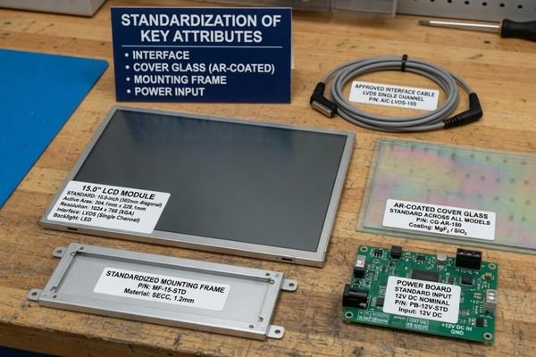 A realistic LCD module specification review scene showing display size options, interface cable samples, cover glass samples, mounting drawings, and brightness tier notes for industrial equipment platforms.