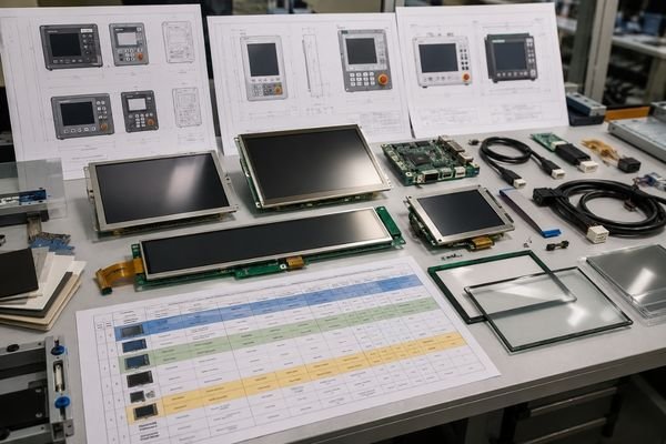 LCD module standardization review with multiple industrial display modules, equipment drawings, interface cables, and approved model matrix