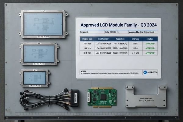 A realistic engineering desk showing several industrial LCD modules, interface cables, controller boards, mechanical drawings, and an approved model list for multi-equipment-line LCD module standardization.