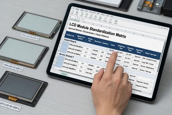 A realistic engineering spreadsheet review scene showing an LCD module standardization matrix beside approved LCD module samples, interface cables, cover glass, and mechanical drawings.