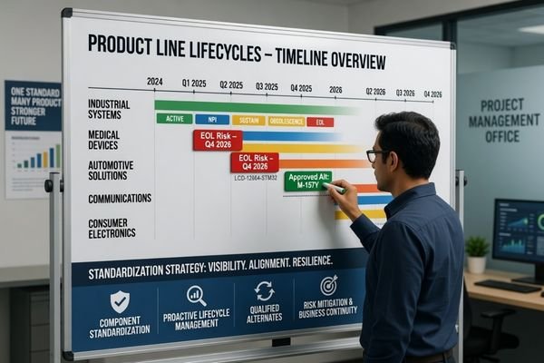 A realistic lifecycle planning desk showing approved LCD module list, PCN and EOL review notes, replacement model comparison, sample modules, and validation planning documents.