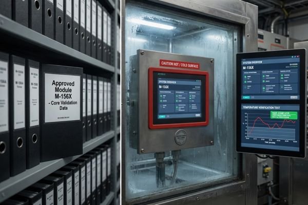A realistic validation review setup showing an LCD module test report, powered display sample, enclosure drawing, thermal measurement notes, EMI checklist, and touch validation sheet for equipment-level confirmation.