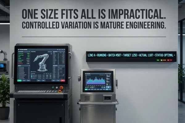 A realistic engineering comparison showing different industrial equipment front panels with different LCD module formats, including standard wide-screen, high-brightness, ultra-wide, and square display options.