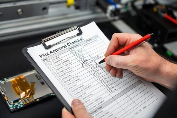 A realistic LCD module sample approval checklist scene showing a powered LCD module, inspection checklist, interface cable, mechanical drawing, test report, and approval notes arranged on an engineering workbench.