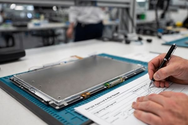 A realistic project review desk showing an LCD module sample, pilot production sign-off sheet, mechanical drawing, inspection report, and sample version label prepared for controlled approval review.