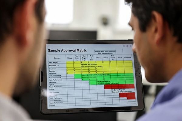 A realistic engineering sign-off meeting table showing an LCD module sample, approval decision matrix, issue list, sample version label, and pilot production notes prepared for review.