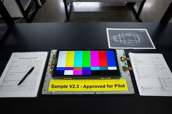 A realistic engineering workbench showing an LCD module sample, pilot production approval checklist, test report, mechanical drawing, interface cable, and version-control notes prepared for sample sign-off.