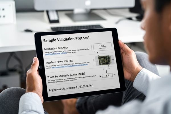 A realistic engineering validation preparation scene showing an LCD module sample plan, mechanical drawing, interface definition, brightness target, touch test notes, and sample evaluation checklist on a desk.
