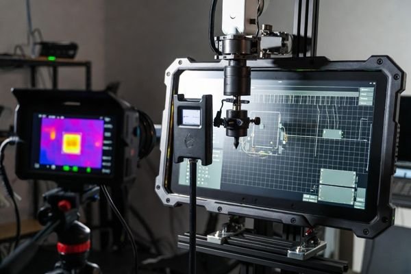 A realistic LCD module performance testing scene showing a powered display, brightness meter, cover glass sample, touch test board, thermal measurement tool, and application environment notes.
